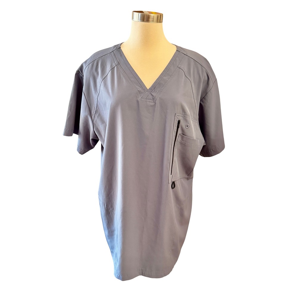 Barco One Scrub Top Mens Large Grey V-Neck Perforated Back Performance Medical